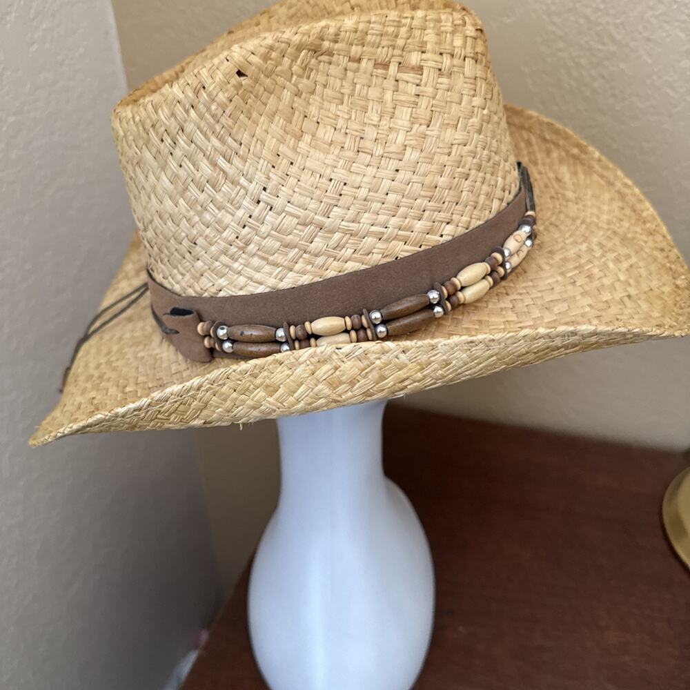 Henschel Hat Co Straw Cowboy Hat Medium With Leather And Beads Hatband Made USA - Picture 7 of 14